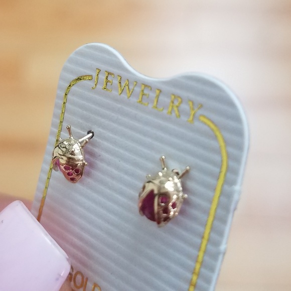 14k Yellow Gold Lady Bug Baby Girls Stud Earrings - Picture 4 of 8